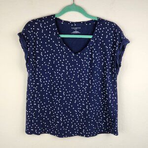 Talbots Linen Cotton Navy Blue White Star Print V-Neck Short Sleeve Tee sz LP